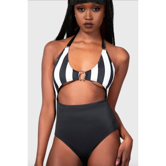 Killstar ✦ Pollienar Swimsuit XS ✦ Striped Cutout Halterneck Gothic One-Piece - Picture 2 of 7